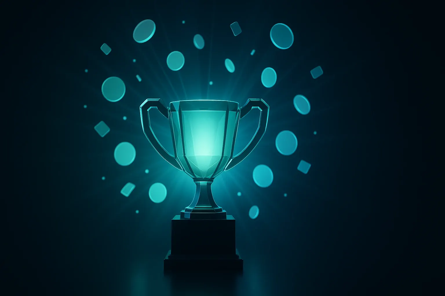 A glass trophy with a burst of light and floating reward tokens