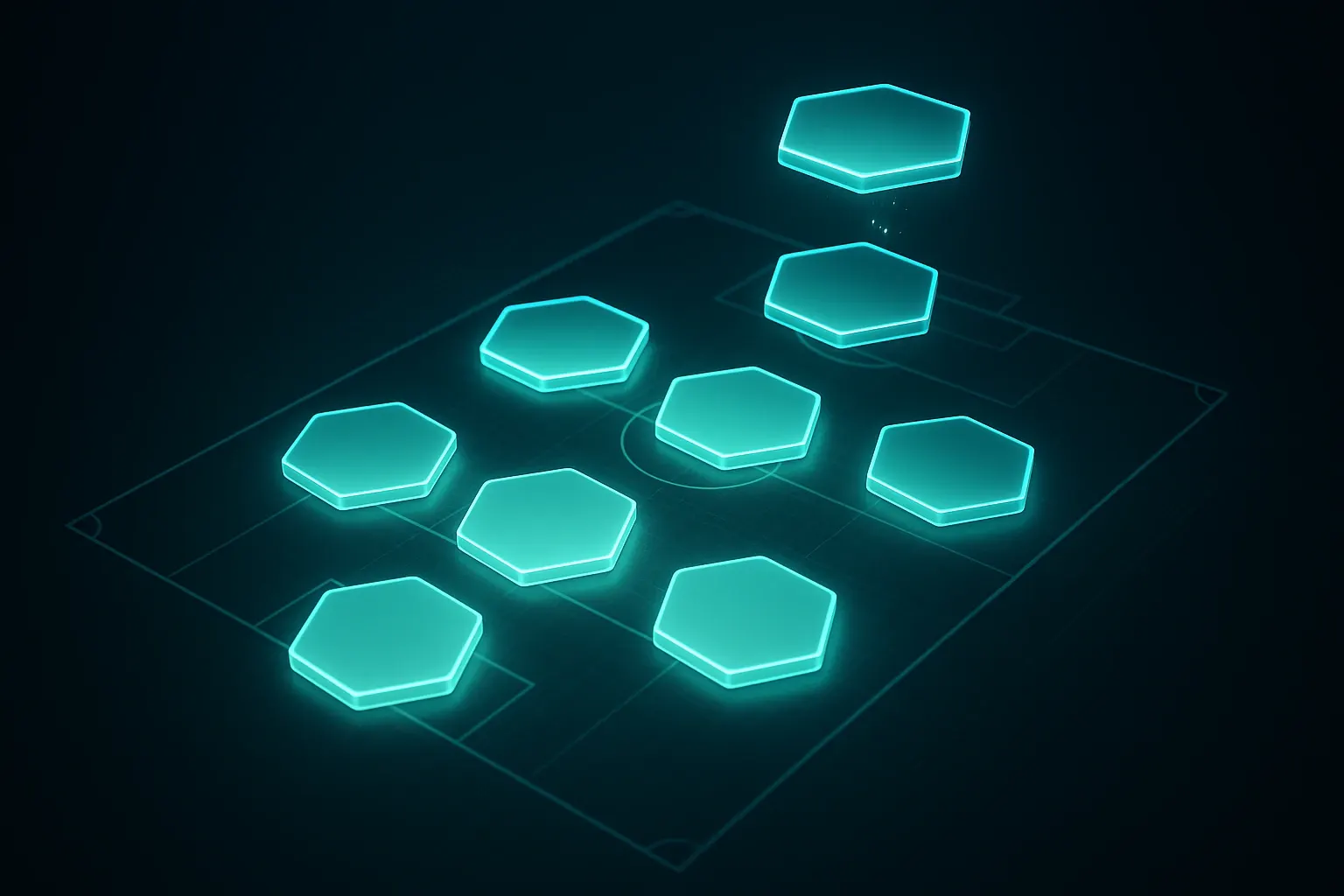 Glowing hexagon tiles forming a formation on a pitch of light